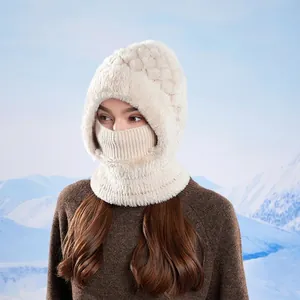 Beige winter integrated hood scarf and face mask with plush faux fur lining for women