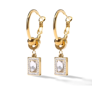 Golden geometric hoop earrings with sparkling zircon square pendants on white background