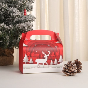Boîte cadeau de Noël rouge et blanche avec motif de renne et poignée de transport