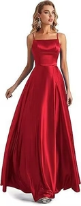 Detailed view of red satin evening dress featuring square neckline and elegant side slit