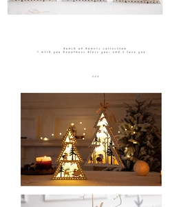 Close-up of wooden Christmas tree LED ornaments with reindeer and Santa Claus carvings