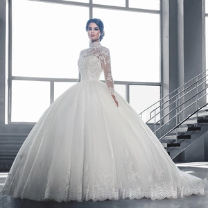 Robe De Mariée Élégante À Manches Longues Dentelle Col Montant Tulle Robe De Bal Pour Mariée Blanc