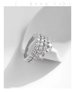 Macro shot of S925 sterling silver ring with sparkling multi-layer zircon stones