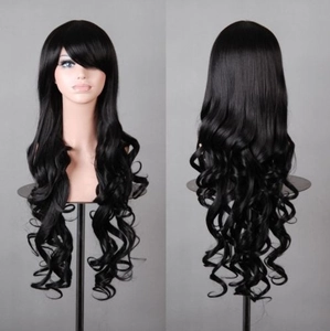 Front and back view of 80cm long wavy black synthetic cosplay wig on a mannequin head