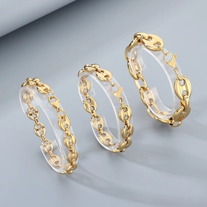 Three gold hip hop pig nose link chains for men in stainless steel with lobster clasp