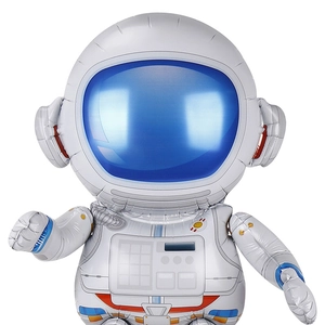 Cute astronaut shaped foil balloon in white and blue for space theme birthday party decor