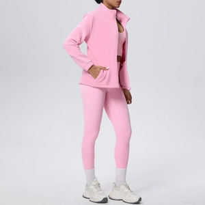 Completo yoga rosa in 3 pezzi con giacca in pile con zip e leggings sportivi a vita alta
