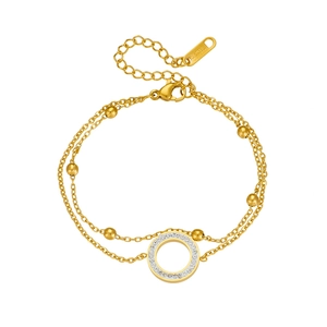 Double-layered gold titanium steel bracelet with geometric zircon-encrusted circle pendant