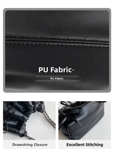 Detail view of premium PU leather texture, drawstring closure and chain strap on black bag