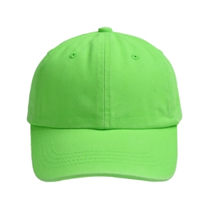 Detailed view of neon green kids baseball cap featuring cotton twill and ventilation eyelets