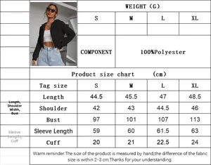 Detailed size chart for cropped zip-up hoodie featuring length, bust and sleeve measurements
