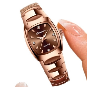 Elegant rose gold tungsten steel quartz watch with a brown tonneau dial and diamond markers