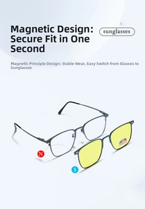 Close-up of magnetic clip-on sunglasses with yellow polarized lens for metal frames