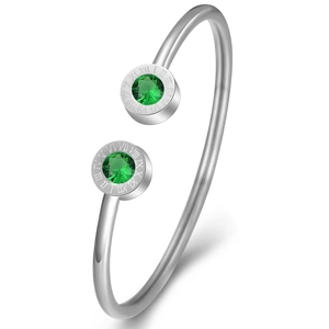 Silver 3mm stainless steel open bangle with green gemstones and Roman numerals