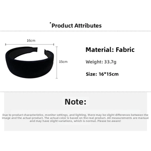 Detail specifications of black velvet padded headband showing 16x15cm size and 33.7g weight
