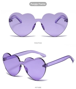Detailed front and 45-degree side view of rimless heart-shaped sunglasses in purple