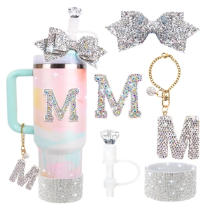 Tumbler Accessory With Rhinestone Alphabet Charm Glitter Bow Diamond Straw Cover And Silicone Protective Cup Boot