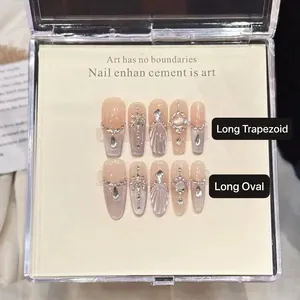 Handmade Press On Nails Fishtail Design Cat Eye Effect 3D Shell Texture Rhinestones Artificial Pearls Coffin Almond Luxury Reusable