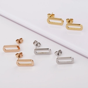 Detailed display of hollow oval geometric stud earrings in gold, rose gold and silver