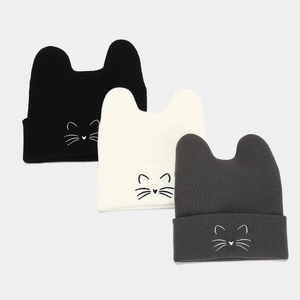 Cute cat ear knit beanies in black, cream and grey with whisker embroidery detailing