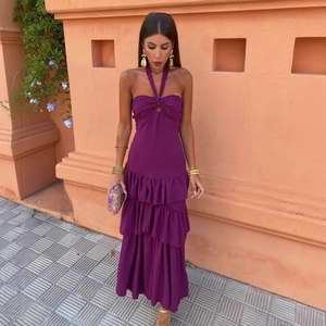 Vestito Maxi Allacciato Al Collo Volant A Strati Schiena Scoperta Poliestere Tinta Unita Senza Maniche Elegante Donna