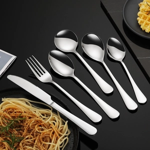 5-piece set of polished 304 stainless steel cutlery on a sleek black reflective surface