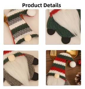 Detailed view of Christmas gnome cutlery holders with knitted hats and white faux beards