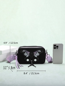 Black butterfly printed crossbody bag with lavender strap and precise size dimensions