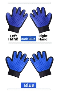 Detail view of blue pet grooming gloves with silicone bristles and adjustable wrist straps