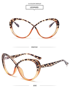 Front and side views of stylish leopard print TR90 oversized anti-blue light glasses frames