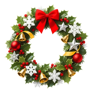 Detailed Christmas wreath featuring red bows, golden bells, stars and holly berries