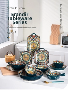 Detailed close-up of bohemian ceramic dinnerware with intricate mandala floral patterns