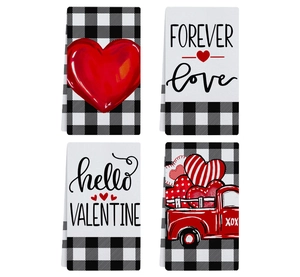 Set of four absorbent Valentine's Day kitchen towels with heart and truck patterns