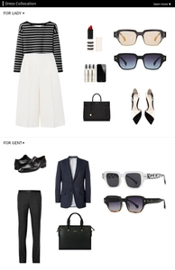 Fashion guide showing square sunglasses with elegant dress and business suit outfits