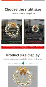Close-up of golden Christmas wreath window sticker with Merry Christmas text and deer