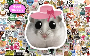 Close-up of vintage animal sticker set featuring a cute hamster wearing a pink hat