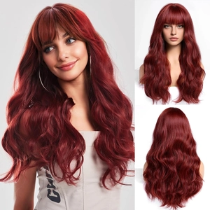 Close-up of wine red long wavy wig with bangs, featuring front and back views on mannequin