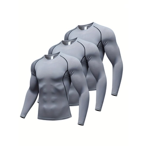 Three-pack men's athletic compression long sleeve shirts in grey with black stitching