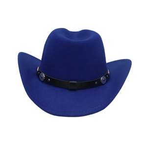 Detail of blue felt cowboy hat featuring a black leather band with silver metal studs