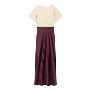 Elegant short sleeve midi dress with beige satin top and purple pleated skirt