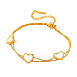 Bracelet double chaîne en acier inoxydable doré avec cœurs 18k et incrustation blanche