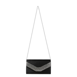 Close-up of black satin evening clutch featuring V-shaped rhinestone flap and silver chain