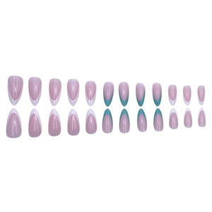 Nude almond press-on nails with white and dark green French tips, set of 24 pieces