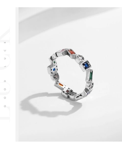 Detail of S925 sterling silver ring showing colorful square stones and S925 engraving