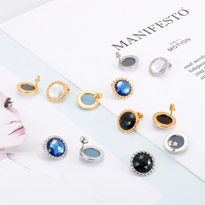 Fashion round faceted crystal glass stud earrings in gold and silver stainless steel