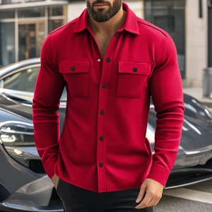 Detail view of red slim fit fleece jacket with turn-down collar and double chest pockets