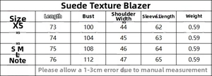 Detailed size chart for velvet texture blazer featuring length, chest, and sleeve measurements
