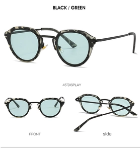 Detail view of oval retro sunglasses with black-grey frame and light green lenses