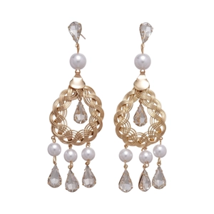 Vintage hollow gold droplet earrings with white faux pearls and clear crystals