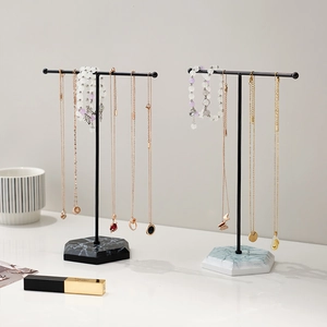 Nordic T-bar jewelry stand with hexagonal marble base for necklaces and bracelets